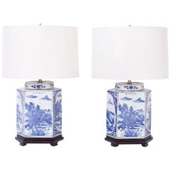Pair of Chinese Blue and White Porcelain Tea Caddy Table Lamps