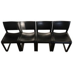 Four Italian Black Leather Chairs "Sistina" by Tito Agnoli for Matteo Grassi