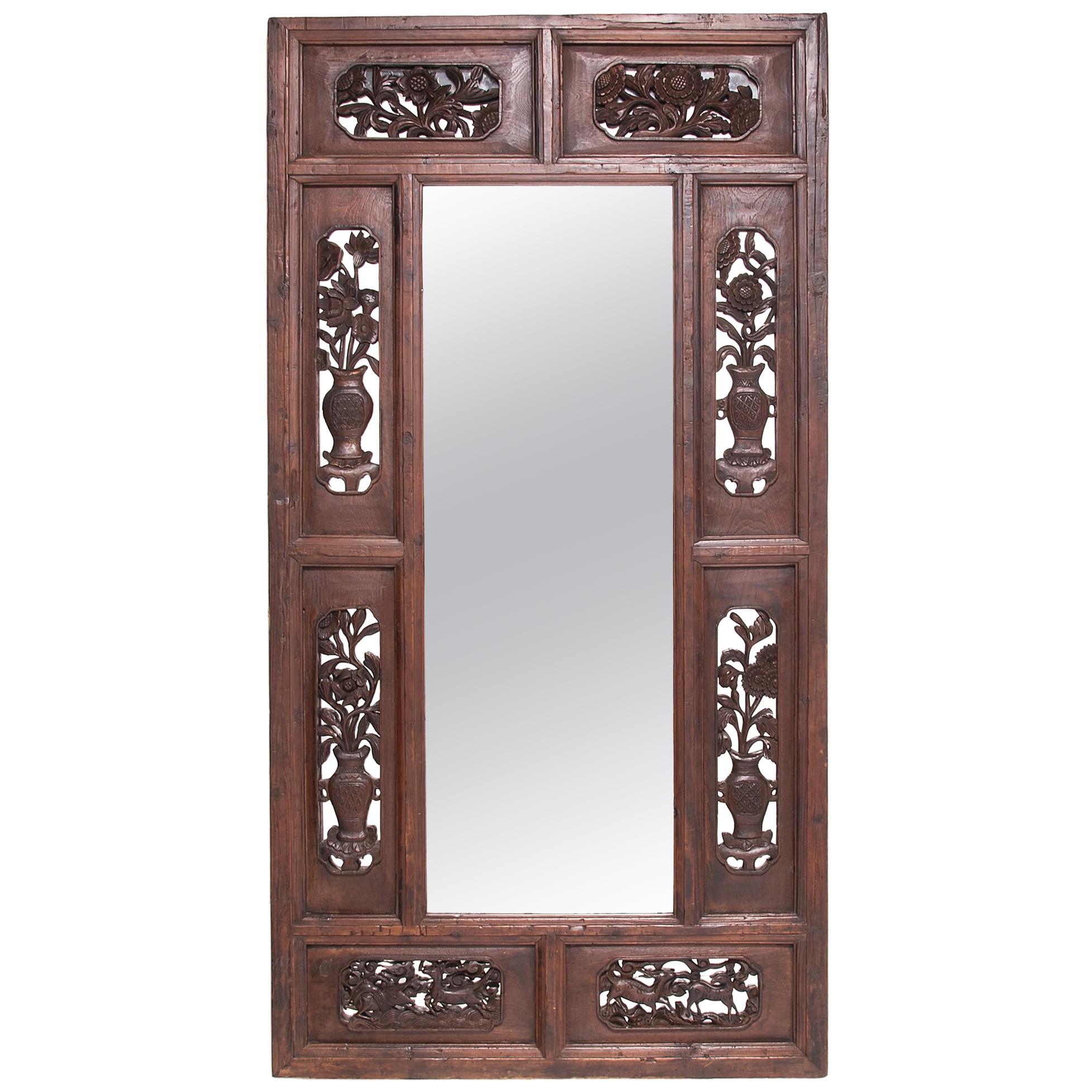 Grand Chinese Floral Carved Mirror, c. 1850 For Sale