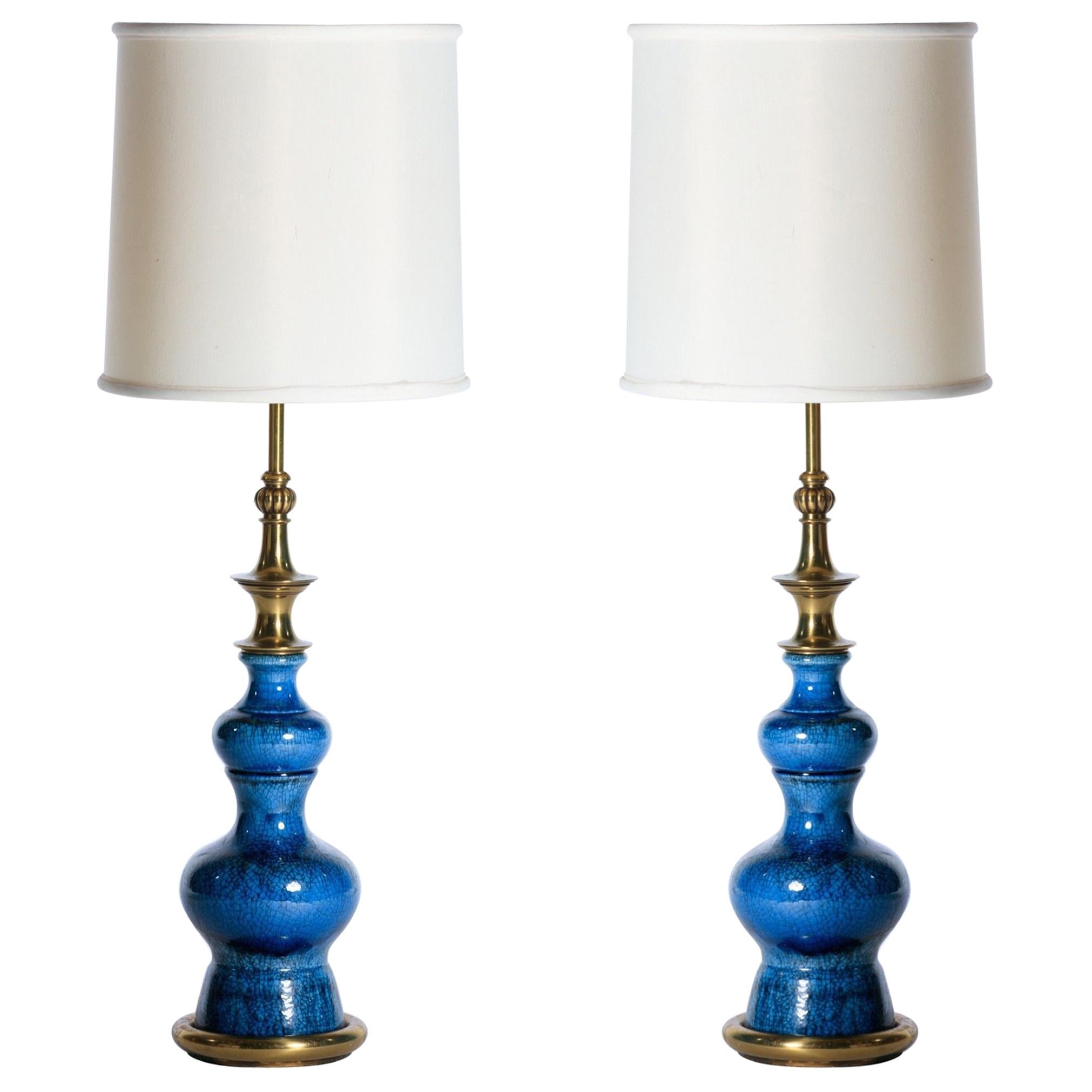 Pair of Stiffel Blue Ceramic and Brass Table Lamps