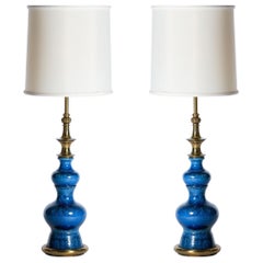 Pair of Stiffel Blue Ceramic and Brass Table Lamps