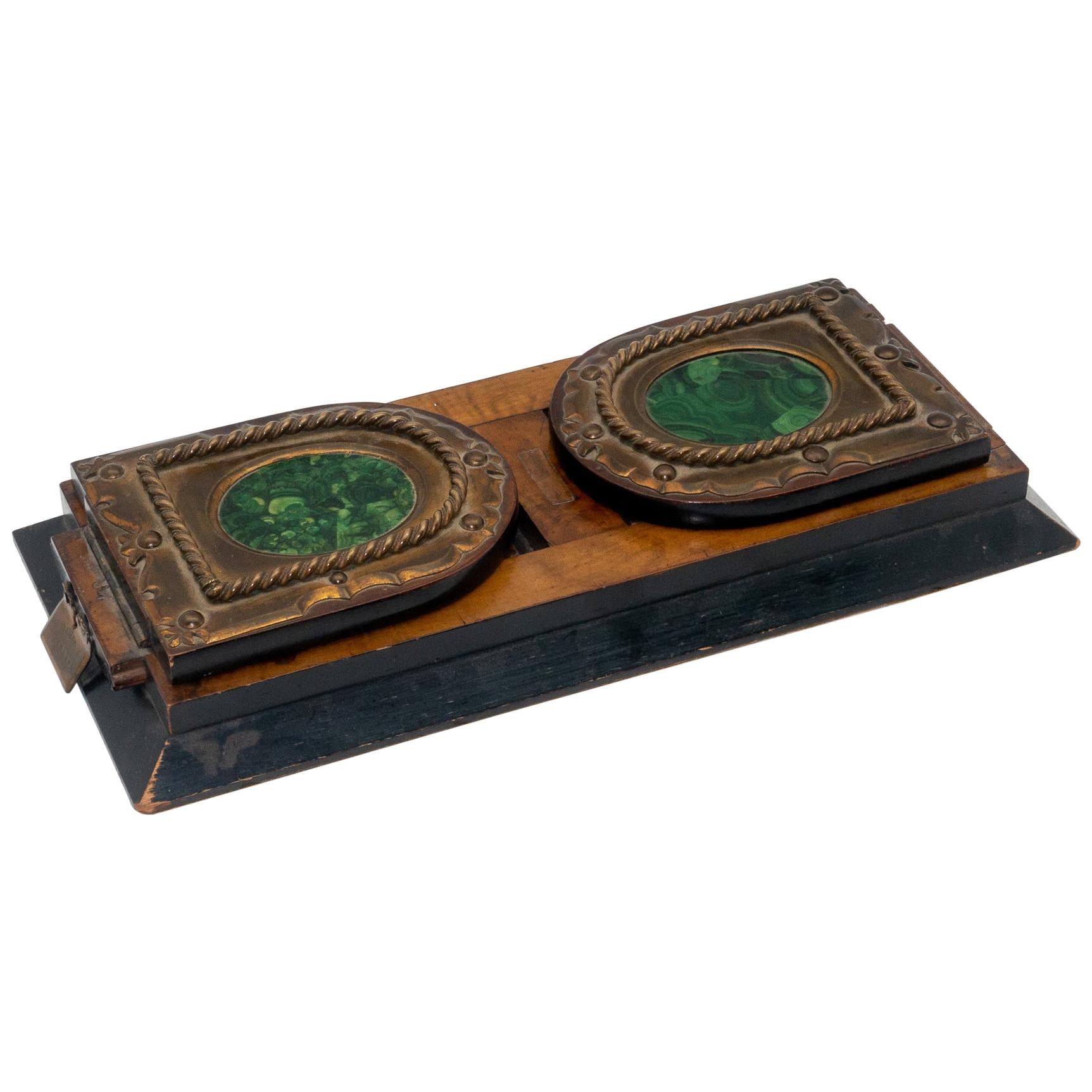 Antique Brass Wood and Malachite Telescoping Book Rack Slide Holder, circa 1860