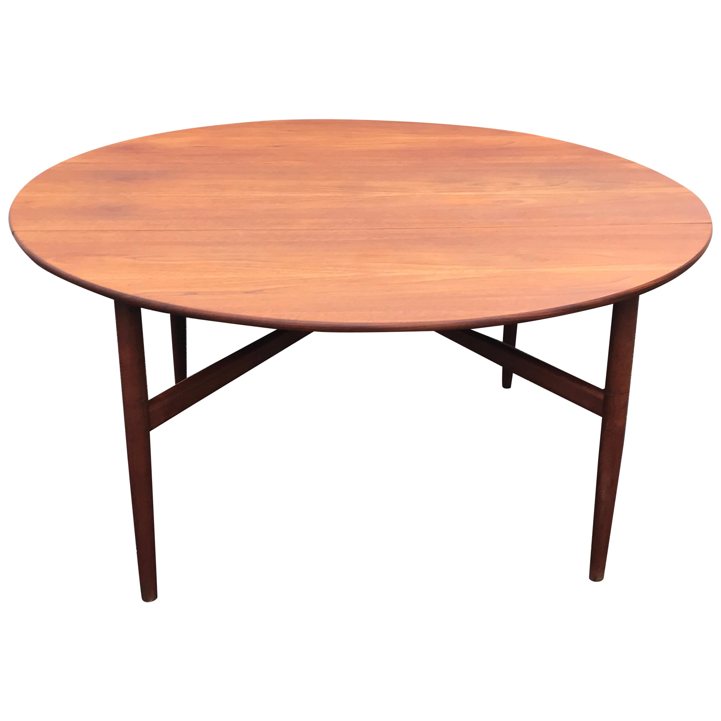 Mid Century Teak Dining Table, Round Drop Leaf, Hans Wegner Style, Denmark For Sale
