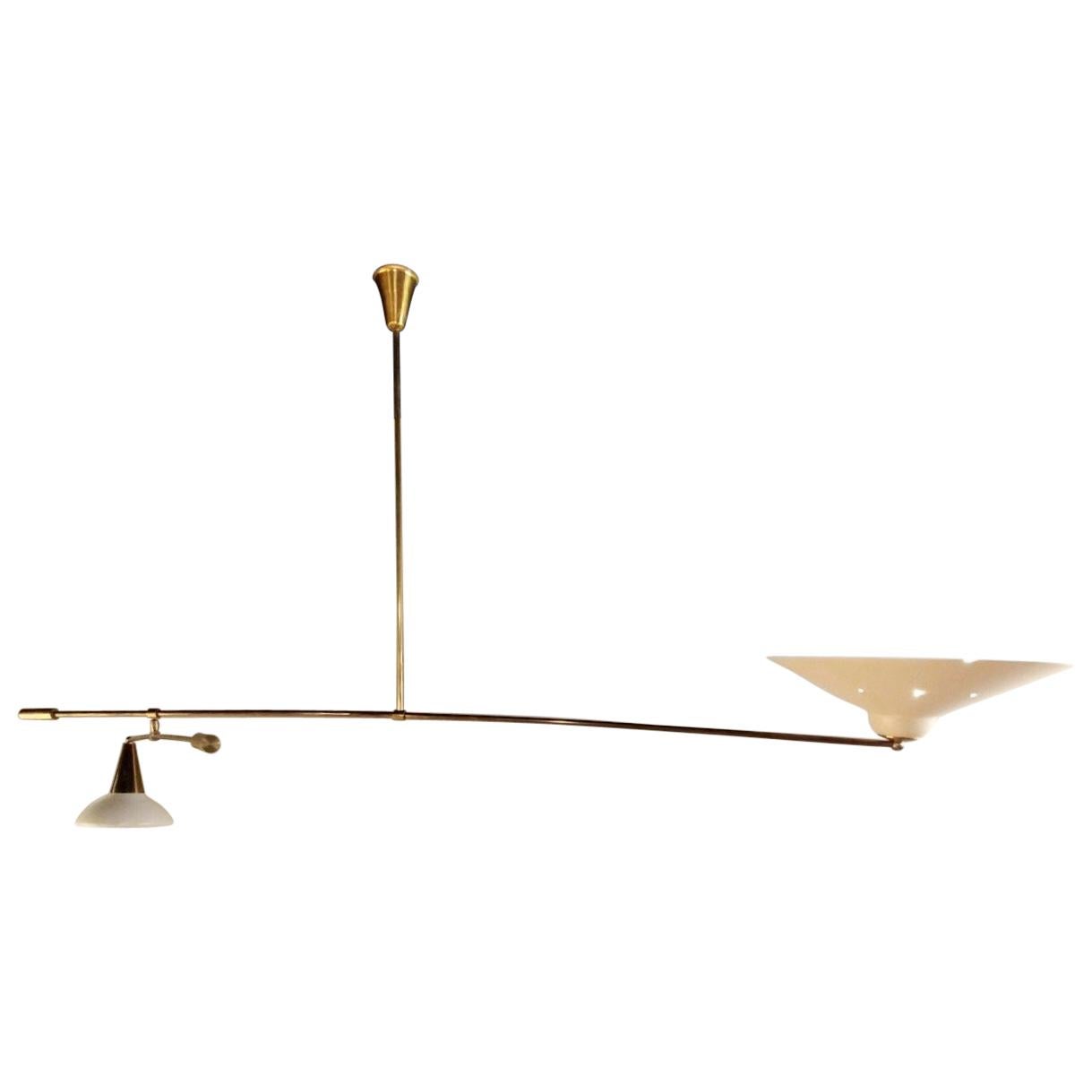 Midcentury Italian Brass and Lacquered Metal Chandelier with Two Articulate Arms