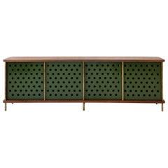 Contemporary 4 Door Strata Credenza. Walnut, Brass, Green Doors by Fort Standard