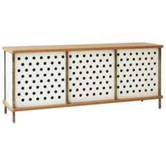 Contemporary 3 Door Strata Credenza in White Oak Wood and Brass by Fort Standard