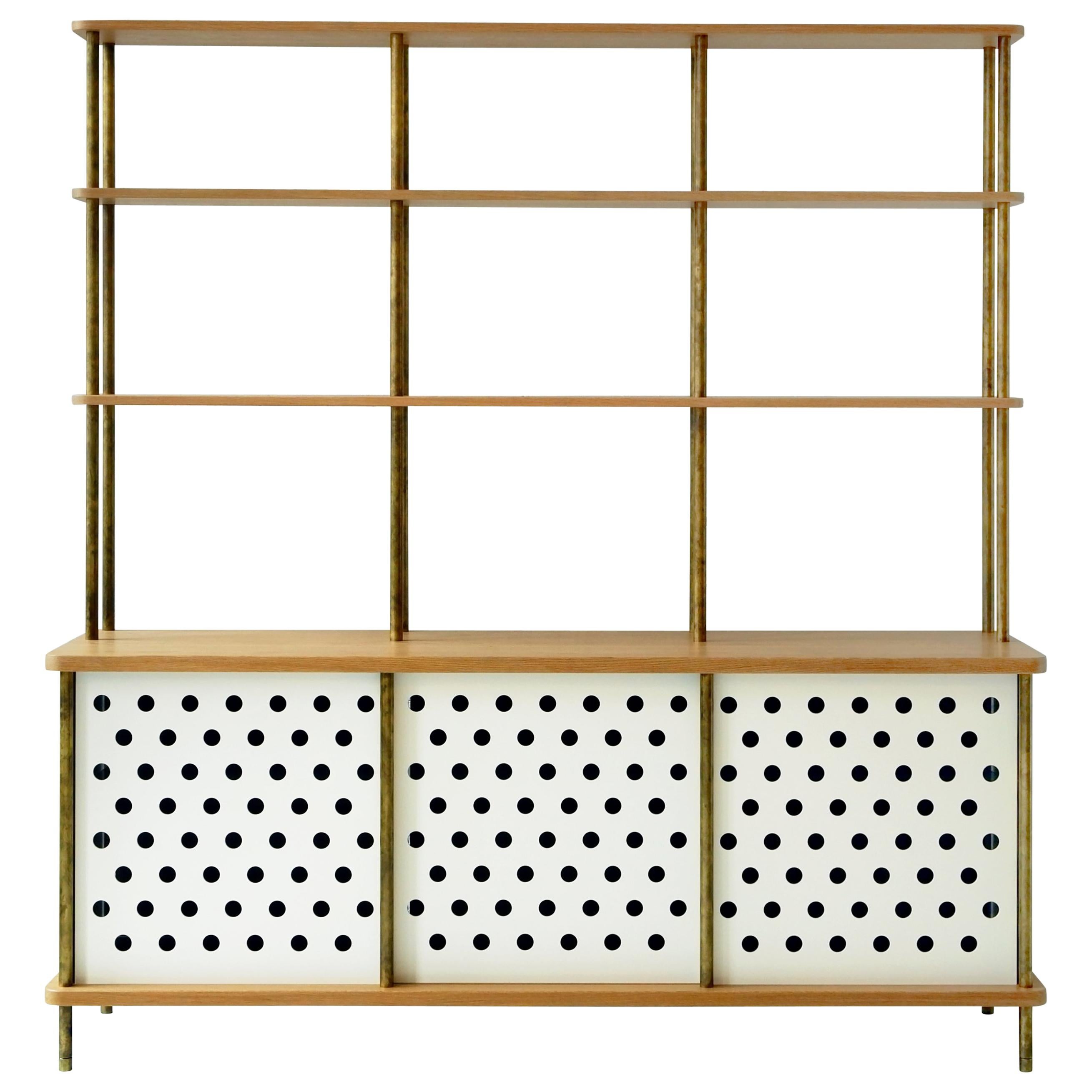 3 Door Strata Credenza with Top Shelves in White Oak, Brass by Fort Standard For Sale