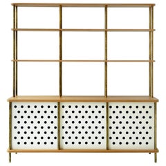 3 Door Strata Credenza with Top Shelves in White Oak, Brass by Fort Standard