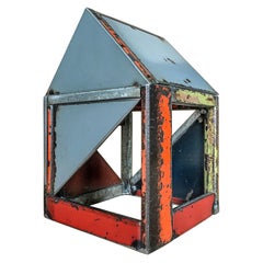Barn House Structure, Welded Steel Decorative Object Made with Salvaged Steel