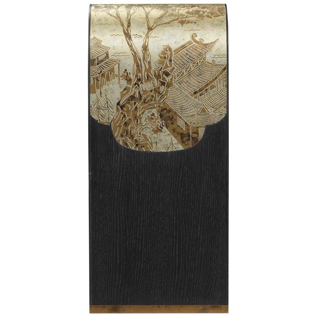 A midcentury style chinoiserie antiqued etched brass and ebonized oak nesting tables.
Inspired by the fantastic works of art of Philip and Kelvin LaVerne.
Dimensions: 60