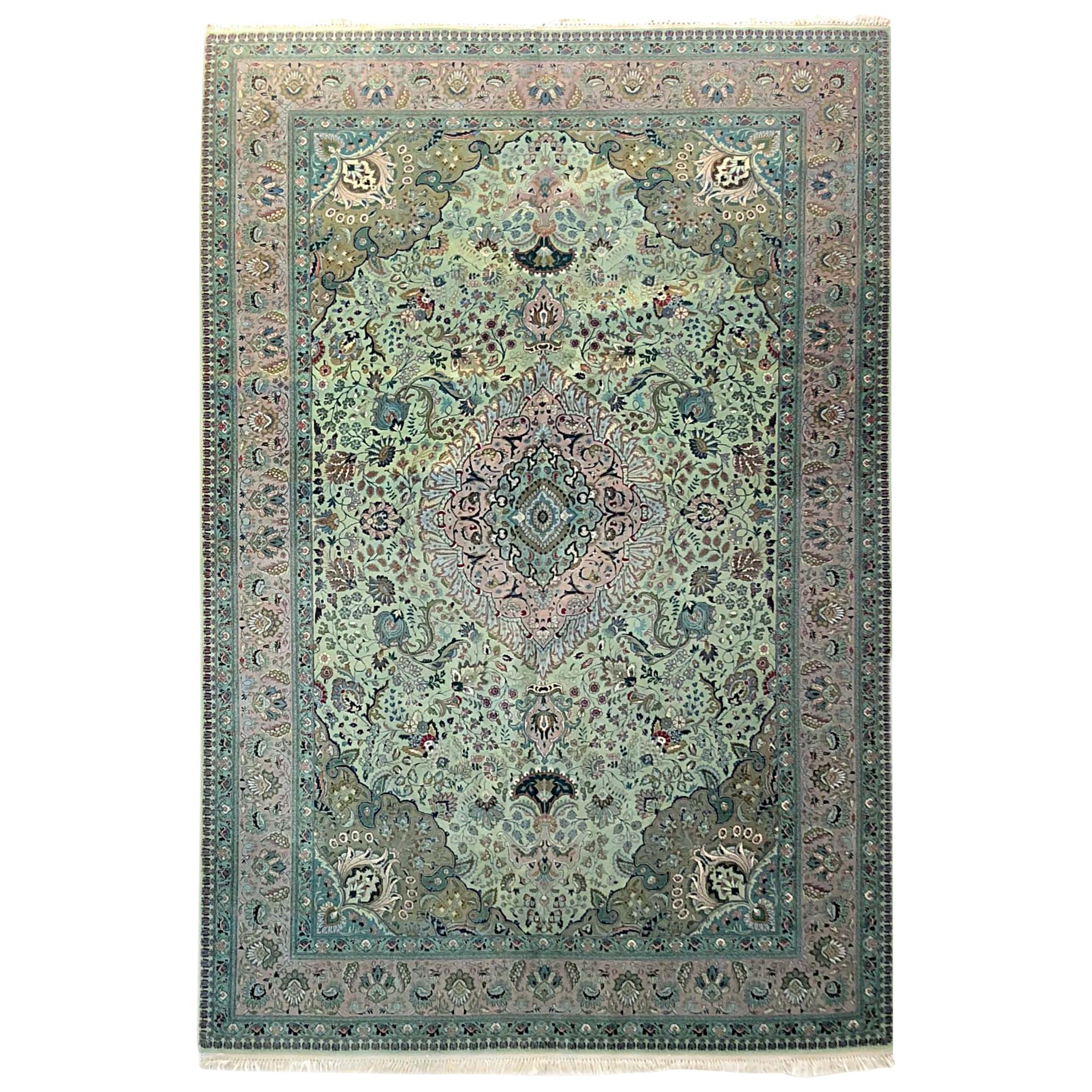 Vintage Persian Hand Knotted Medallion Floral Green Tabriz Rug, Late 1960