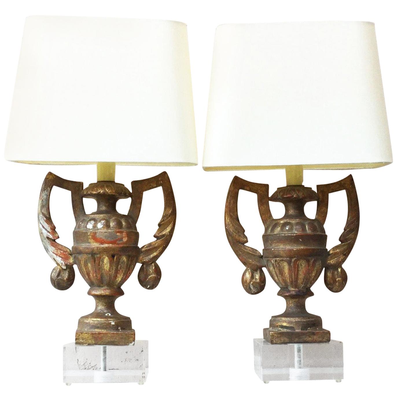 Pair of Gilded Wood Urns Shaped Lamps, circa 1890