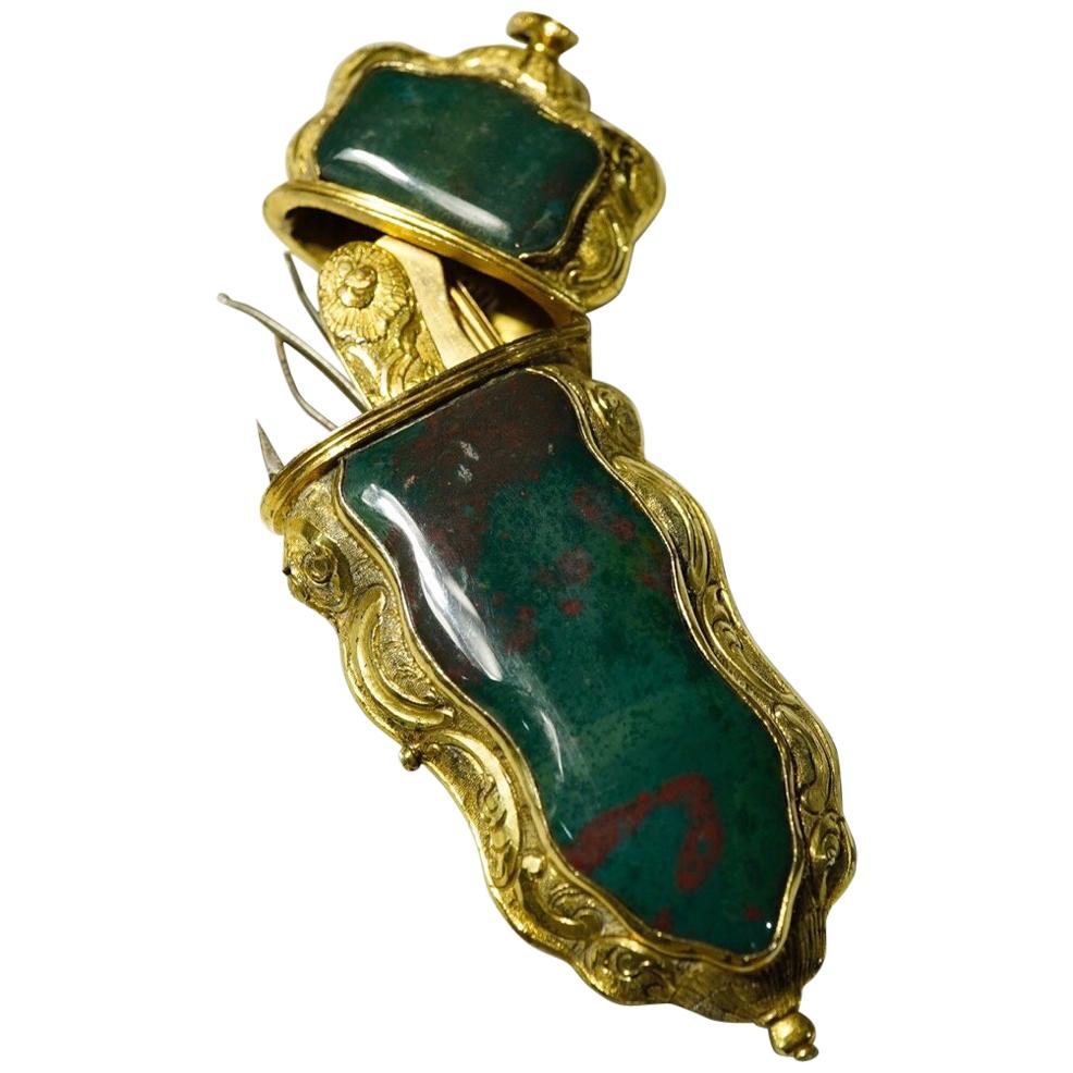 German Etui, Gilt Copper with Bloodstone Sides, Partial Contents, circa 1750 For Sale