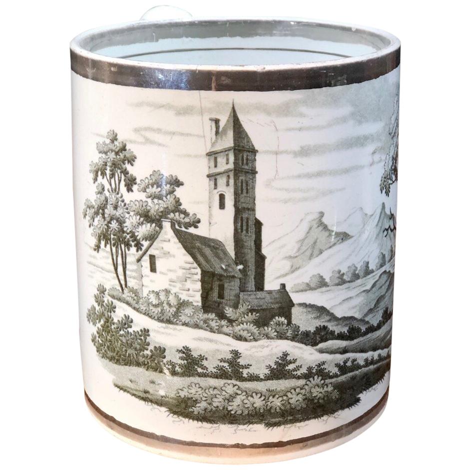 Large Pearlware Porters Mug, Bat-Print Landscape, Platinum Rim, circa 1800 For Sale