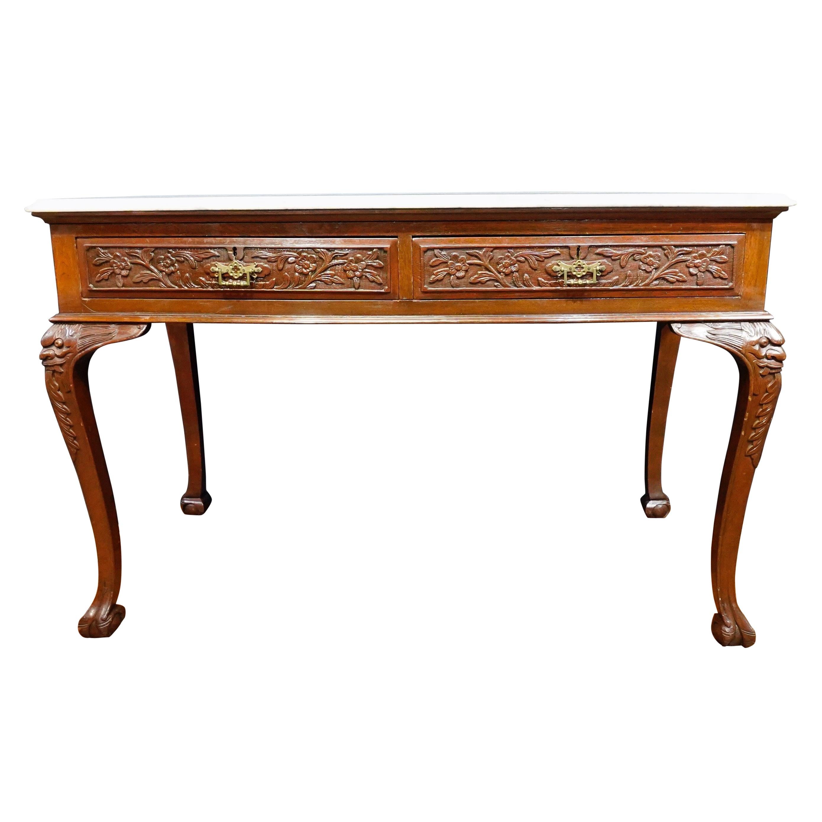 Victorian Malacca Hall Table Dragon Legs & Marble Top Chinese Export, circa 1920