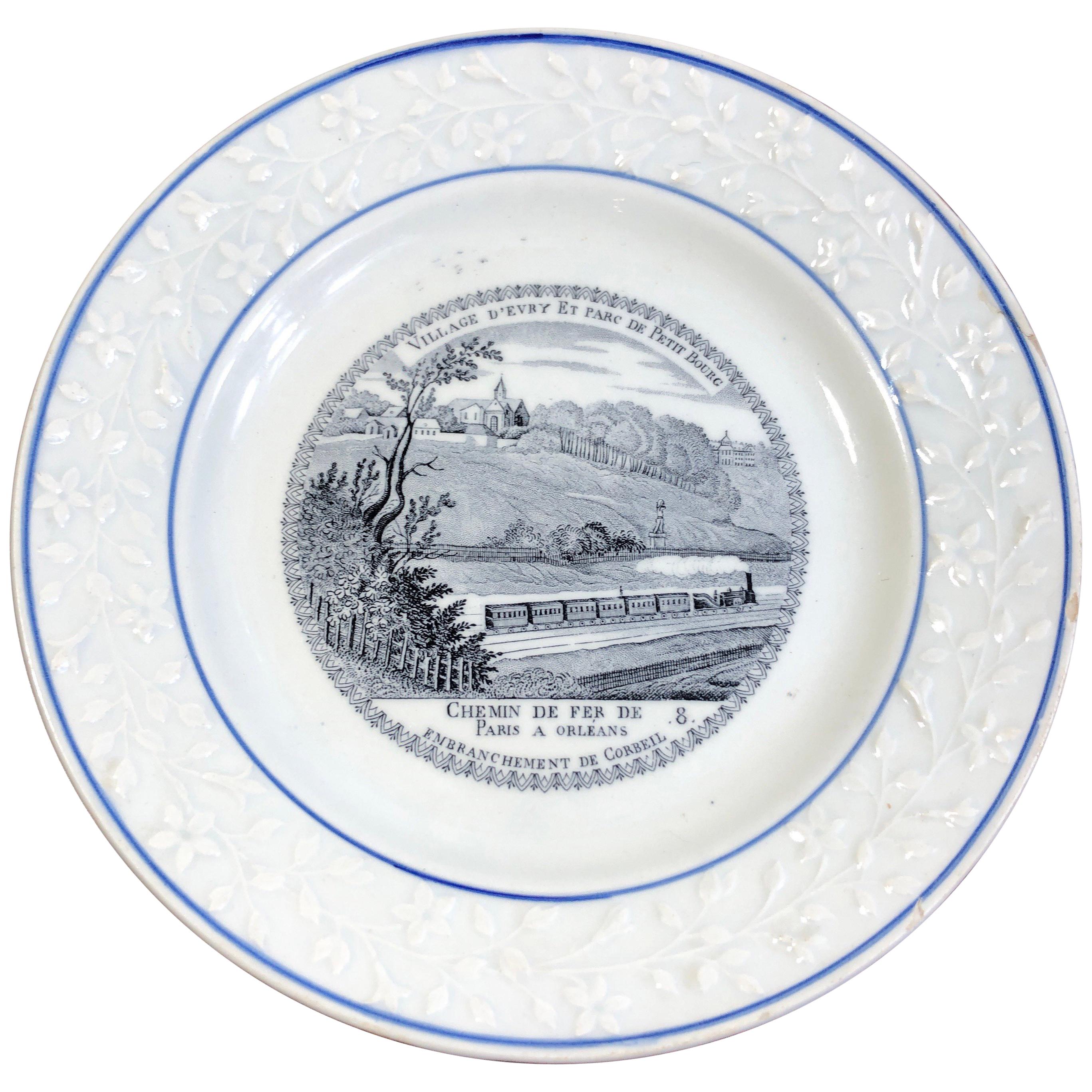 French Choisy Plate with Railway Scene- Train on Paris-Orleans Line, circa 1850 For Sale