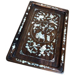 Antique Chinese Hardwood Tray with Inlaid Mother of Pearl Scene, 18th-19th Century