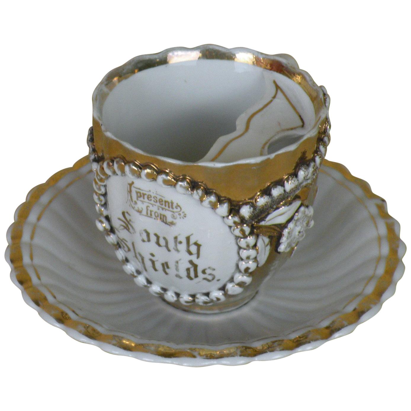1900s Vintage Gilded Porcelain Souvenir Mustache Cup and Saucer Made in England For Sale