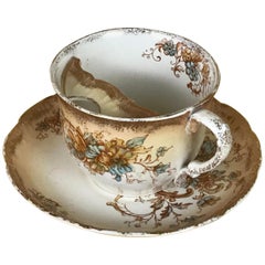 1890s English Earthenware Mustache Cup and Saucer S.F. & Co Sevres Pattern