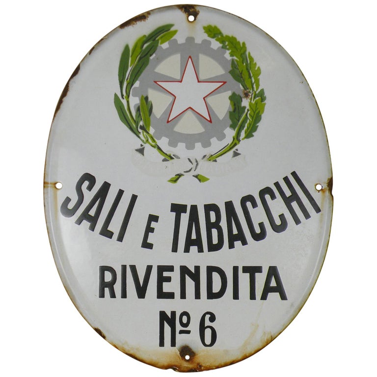 1950s Oval Italian Vintage Advertising Enamel Tobacco Sign ‘Sali e Tabacchi’ For Sale