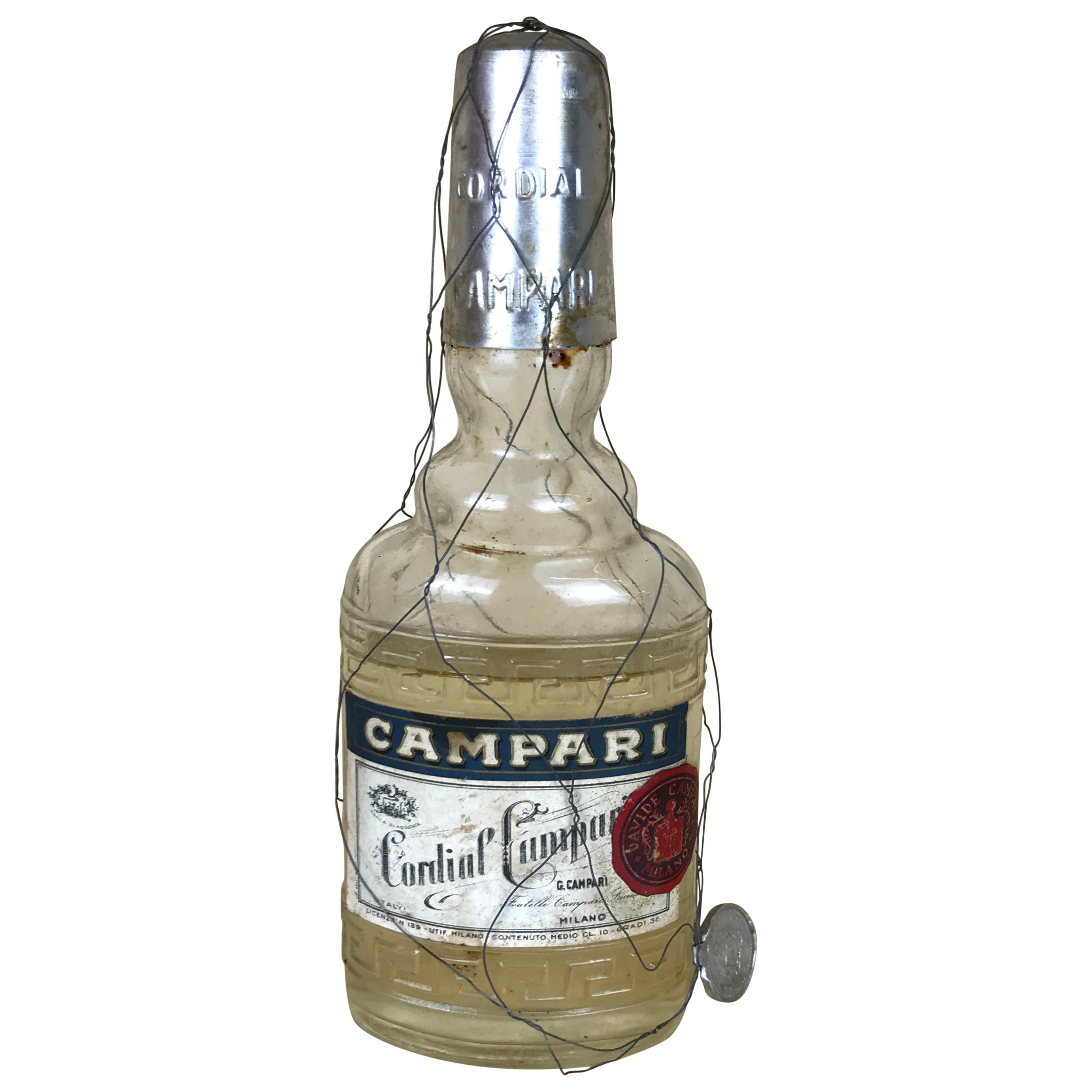 1950s Rare Vintage Italian Cordial Campari Glass Flask with Aluminium Cup For Sale