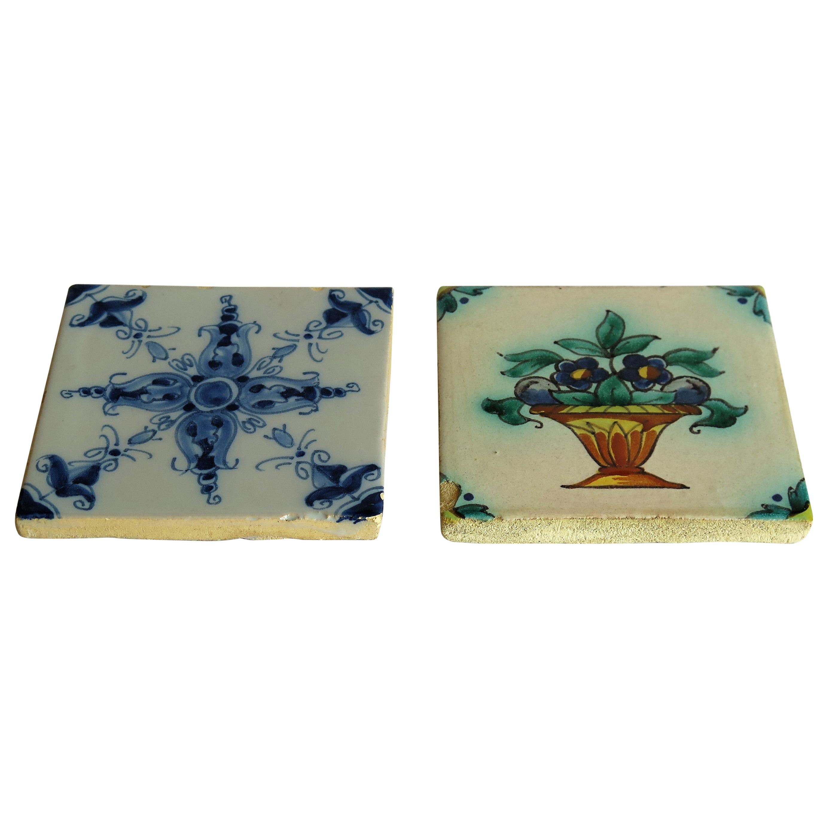 Two 19th Century Dutch Delft Ceramic Wall Tiles Hand Painted Floral Patterns