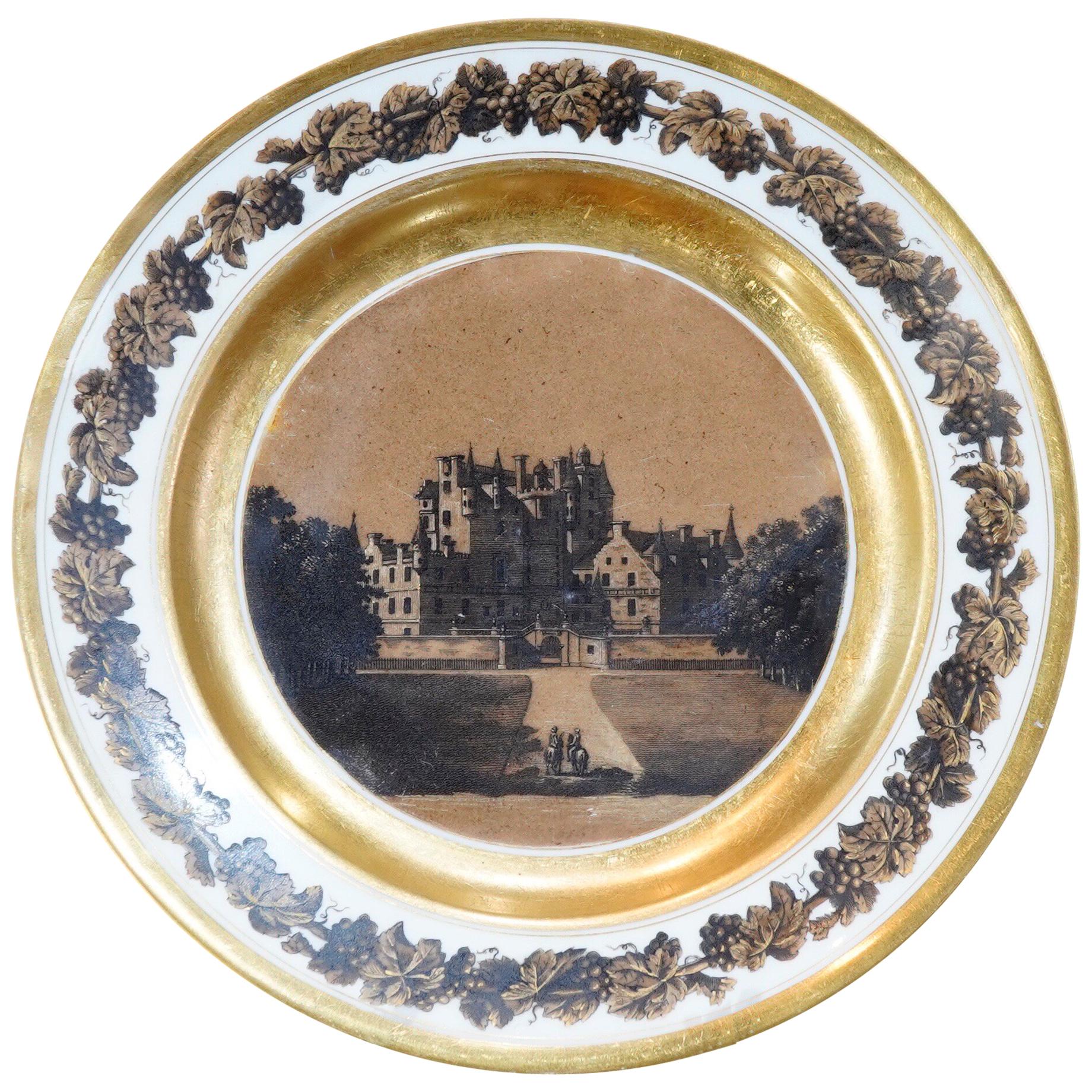 Paris Porcelain Plate, View of Glames Castle, Scotland, circa 1820 For Sale