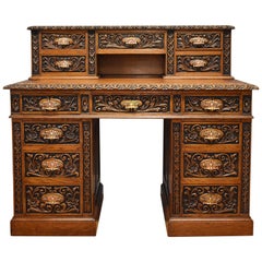 19th Century English Victorian Solid Carved Oak Pedestal Desk