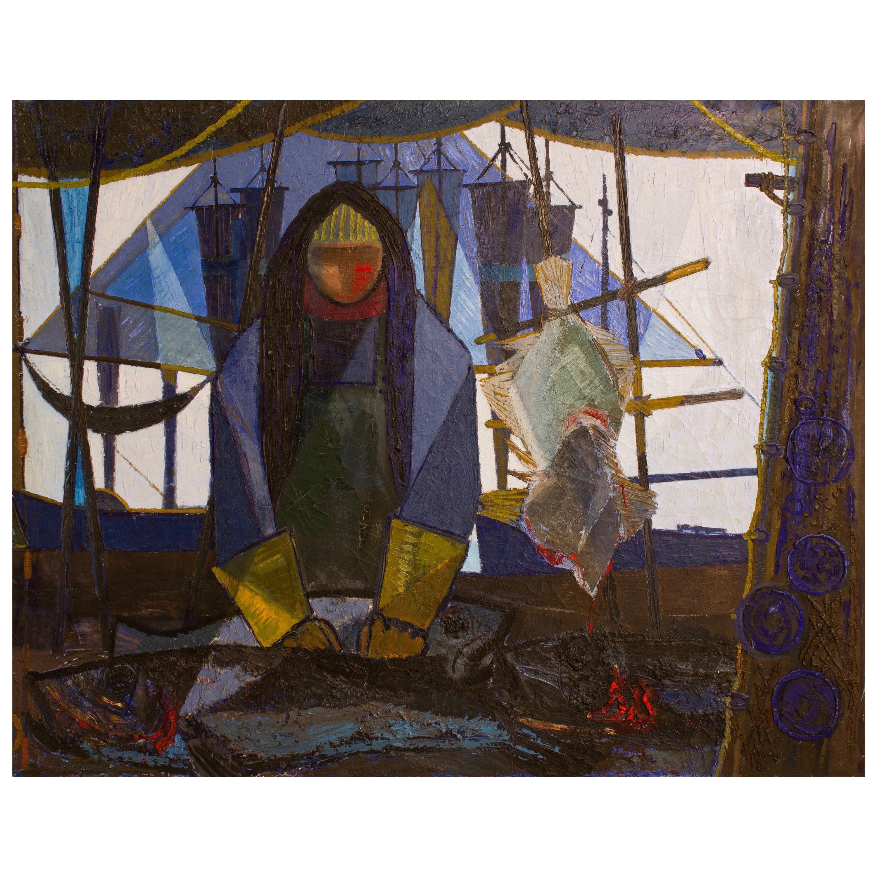 "the Fisherman" Danish Midcentury Oil on Canvas For Sale