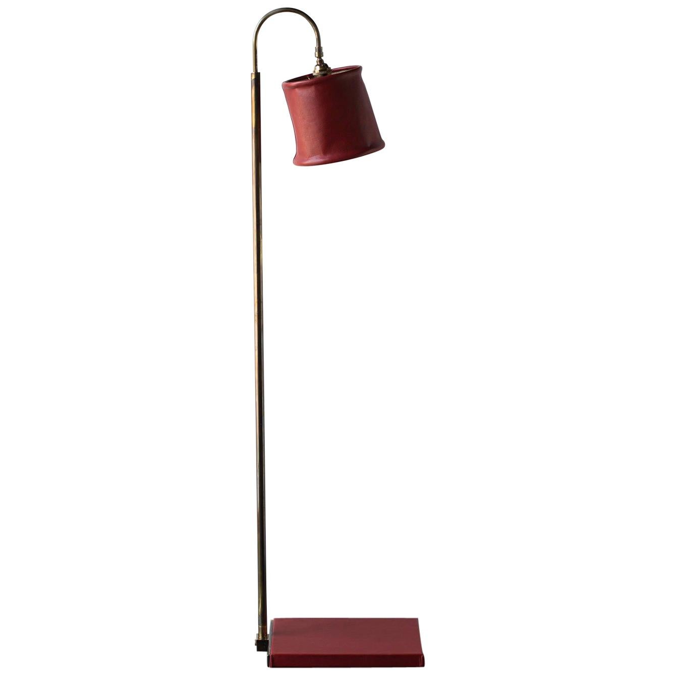 Series01 Floor Lamp, Hand-Dyed Gochujang, Red Leather, Smoke Patinated Brass For Sale