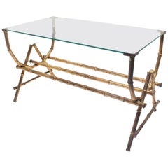 Midcentury Faux Bamboo Gilt Iron and Glass Coffee Side Table, Spain, 1950s