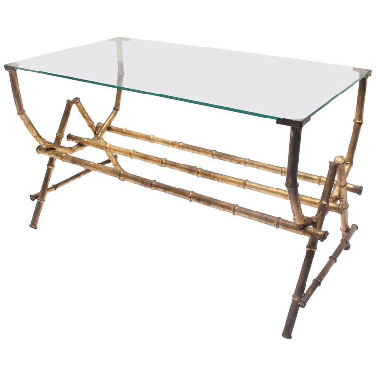 Midcentury Faux Bamboo Gilt Iron And Glass Coffee Side Table Spain 1950s