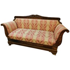 Antique Inlaid Wood Sofa and Yellow and Red Walnut Fabric, Carlo X, Italy