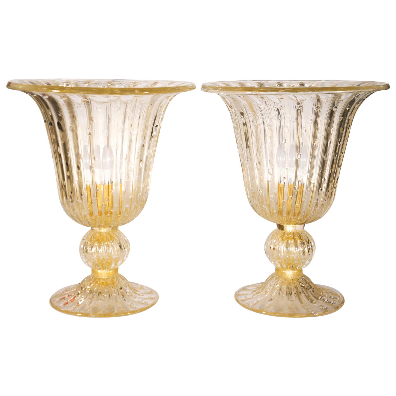 Alberto Donà Crystal Gold Italian Venetian Pair of Table Lamps Murano, 1990s For Sale