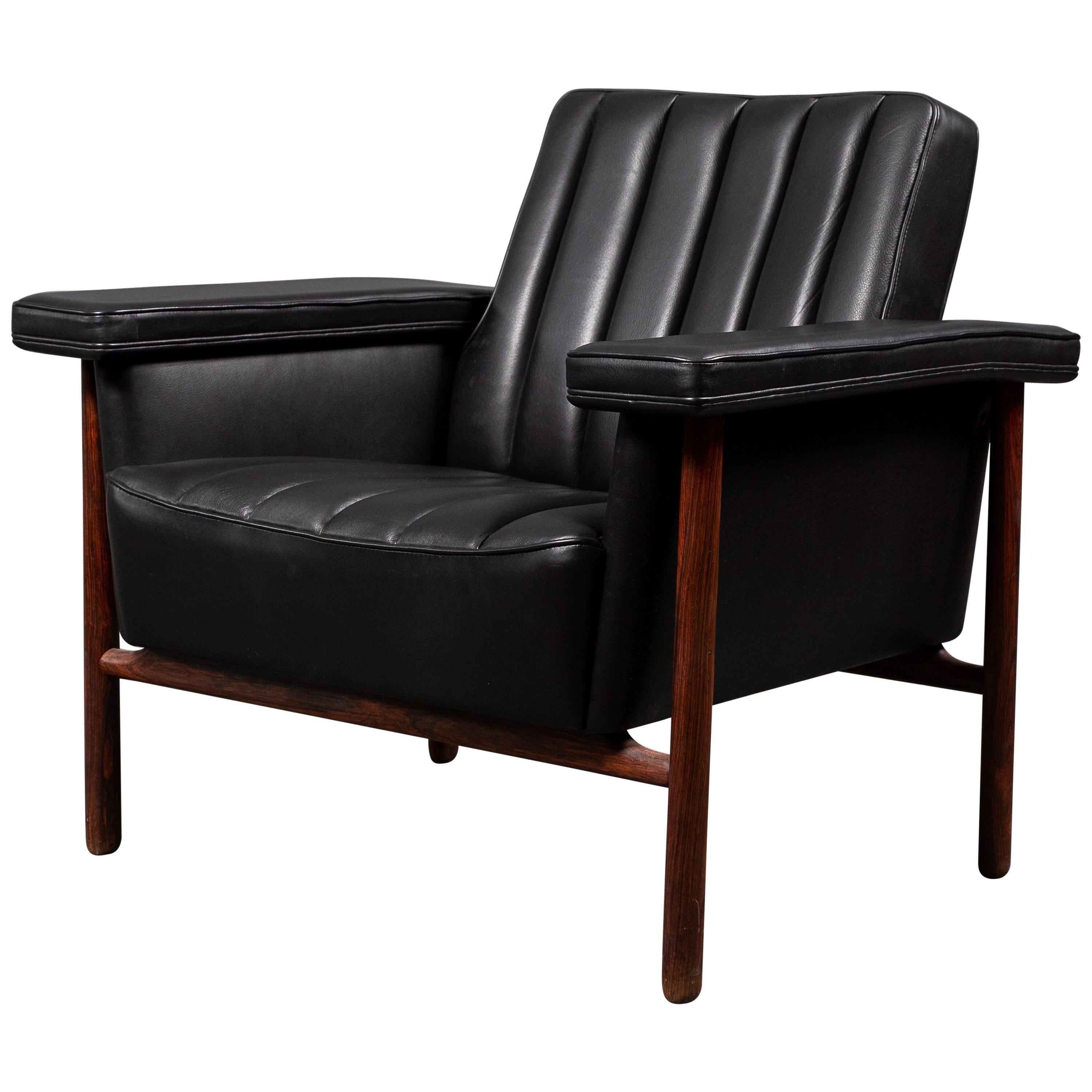 Midcentury Scandinavian Dysthe 1962 Black Leather Rosewood Tank Armchair Norway For Sale