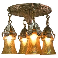 American 1920s Flush Mount Brass Chandelier