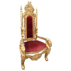 Antique King's Throne, Armchair, Gilded with Perfect Red Cloth 'Velluto', 1800