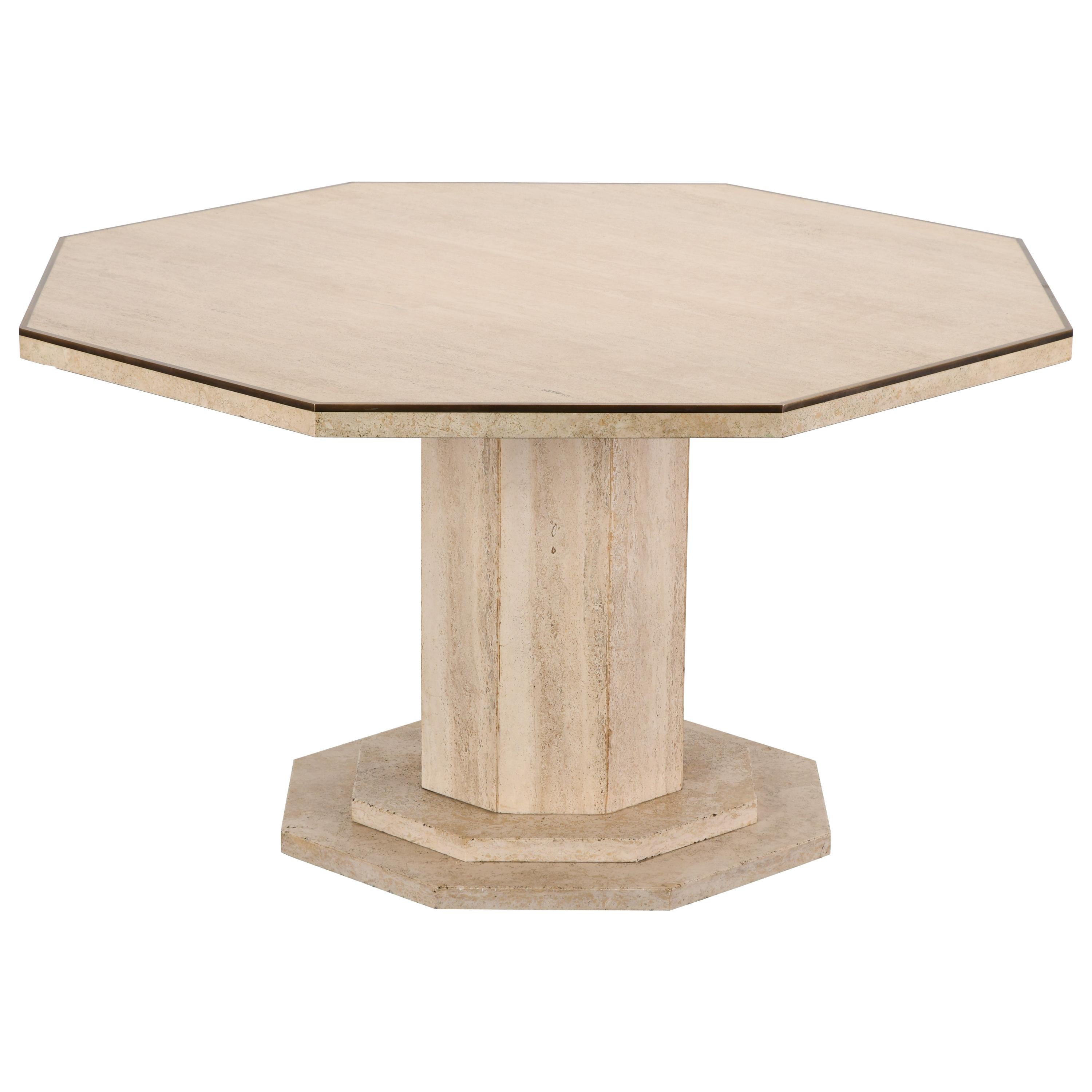 Travertine Octagonal Dining Table with Brass Roche Bobois Style, 1970s