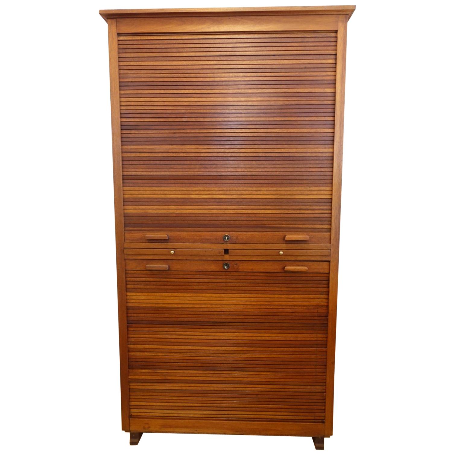 Industrial Portuguese Walnut Roller Blind Door Filing Cabinet by Olaio, 1940s