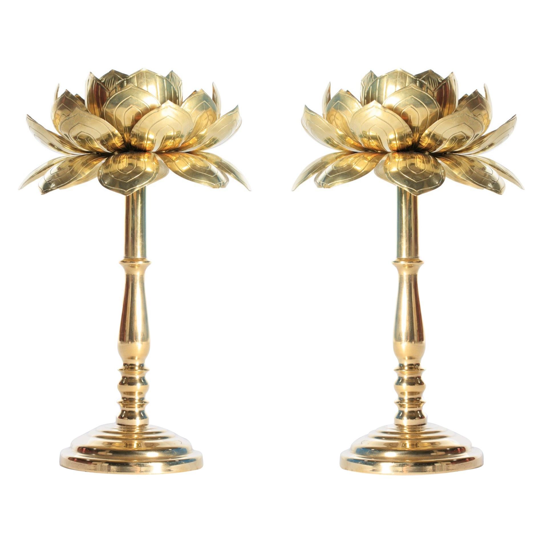Rare Pair of Tall Parzinger Style Brass Lotus Candle Sticks by Feldman, c. 1960s