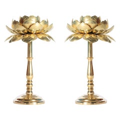Rare Pair of Tall Parzinger Style Brass Lotus Candle Sticks by Feldman, c. 1960s