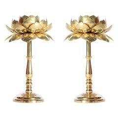 Rare Pair of Tall Parzinger Style Brass Lotus Candle Sticks by Feldman, c. 1960s