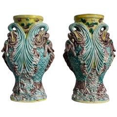Chinese Dragon Fish Glazed Porcelain Vase Pair, Qing Dynasty, 19th-20th Century
