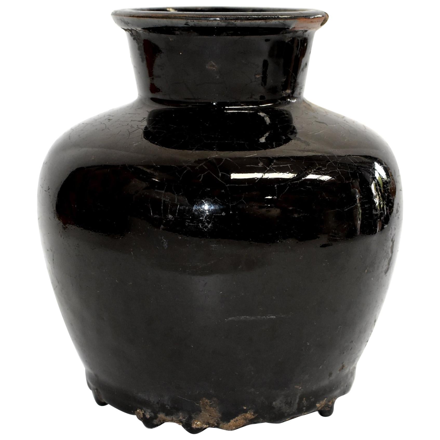 Antique Black Jar, High Neck, Handmade Chinese Pottery