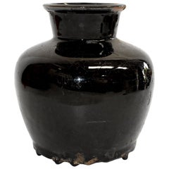 Antique Black Jar, High Neck, Handmade Chinese Pottery