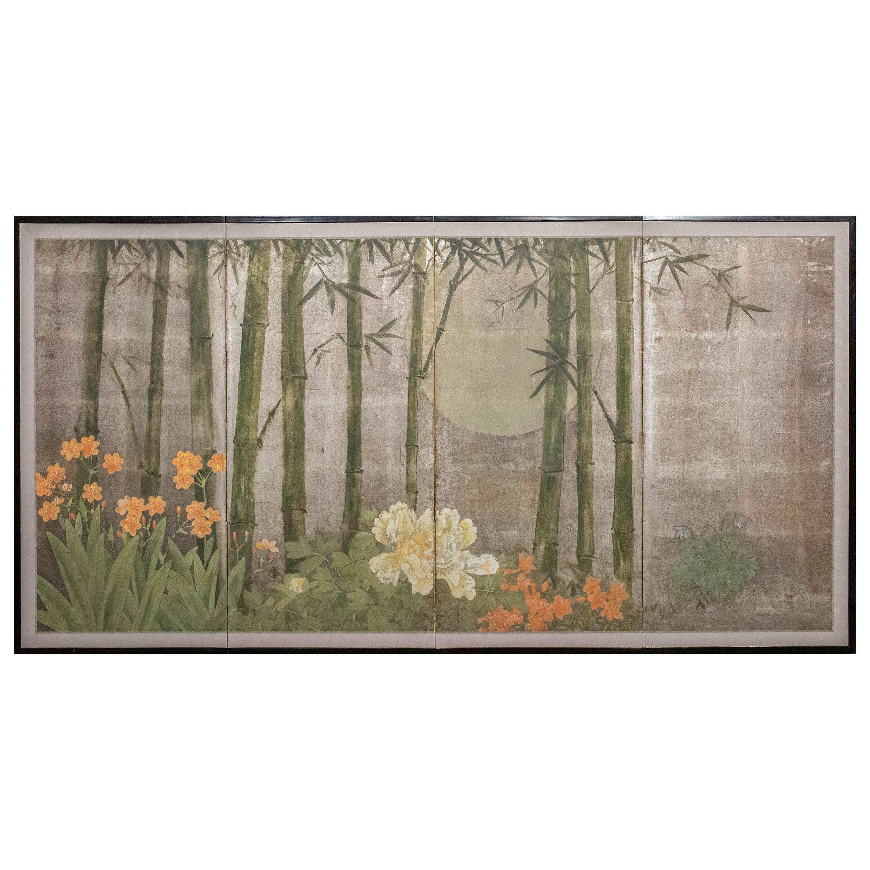 Japanese Four-Panel Screen, Moonlit Bamboo Grove with Summer Flowers