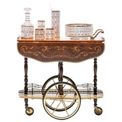 Vintage Hollywood Regency Italian Bar Cart with Inlaid Woods and Brass Fittings
