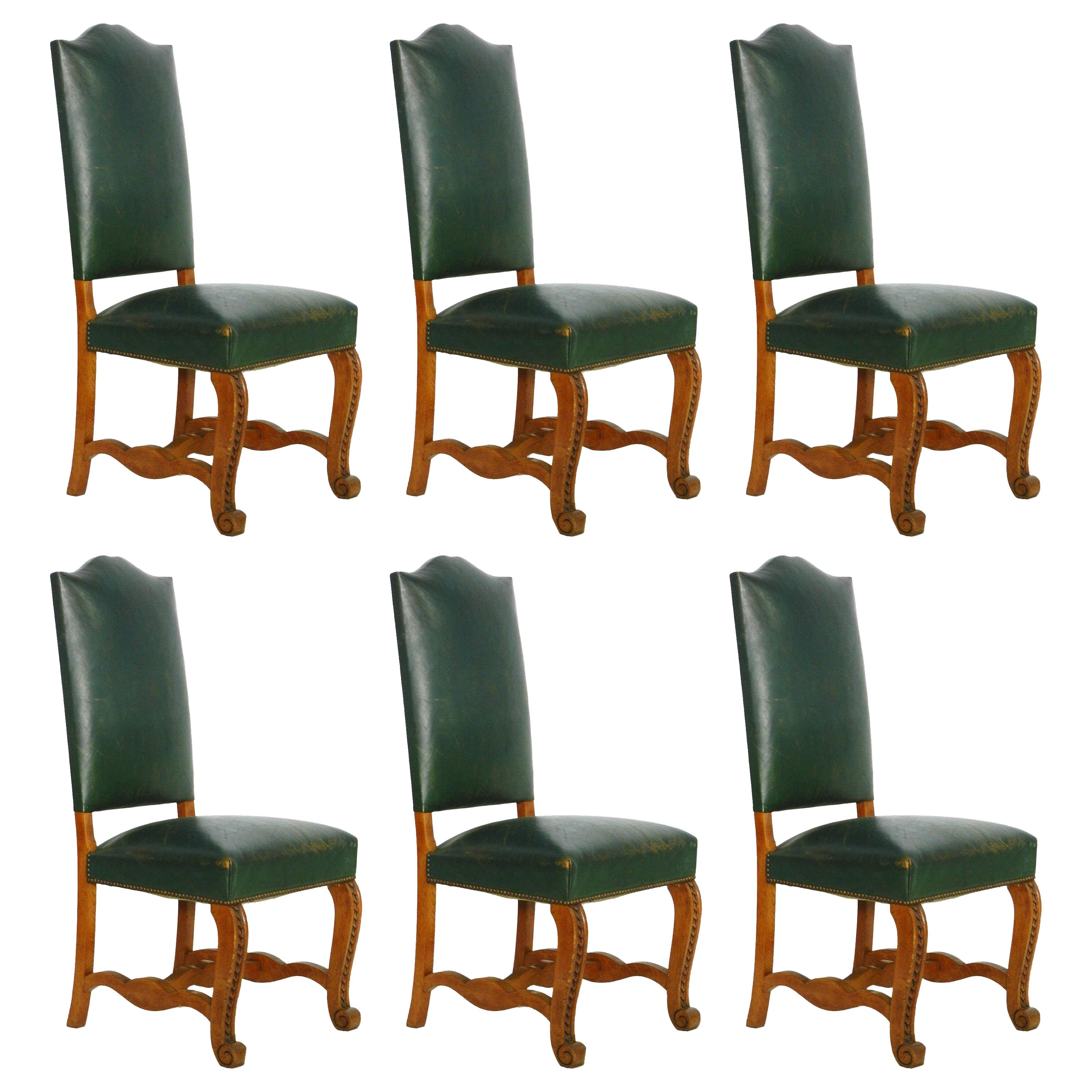 Six Dining Chairs Green Leather Upholstered, French, circa 1920