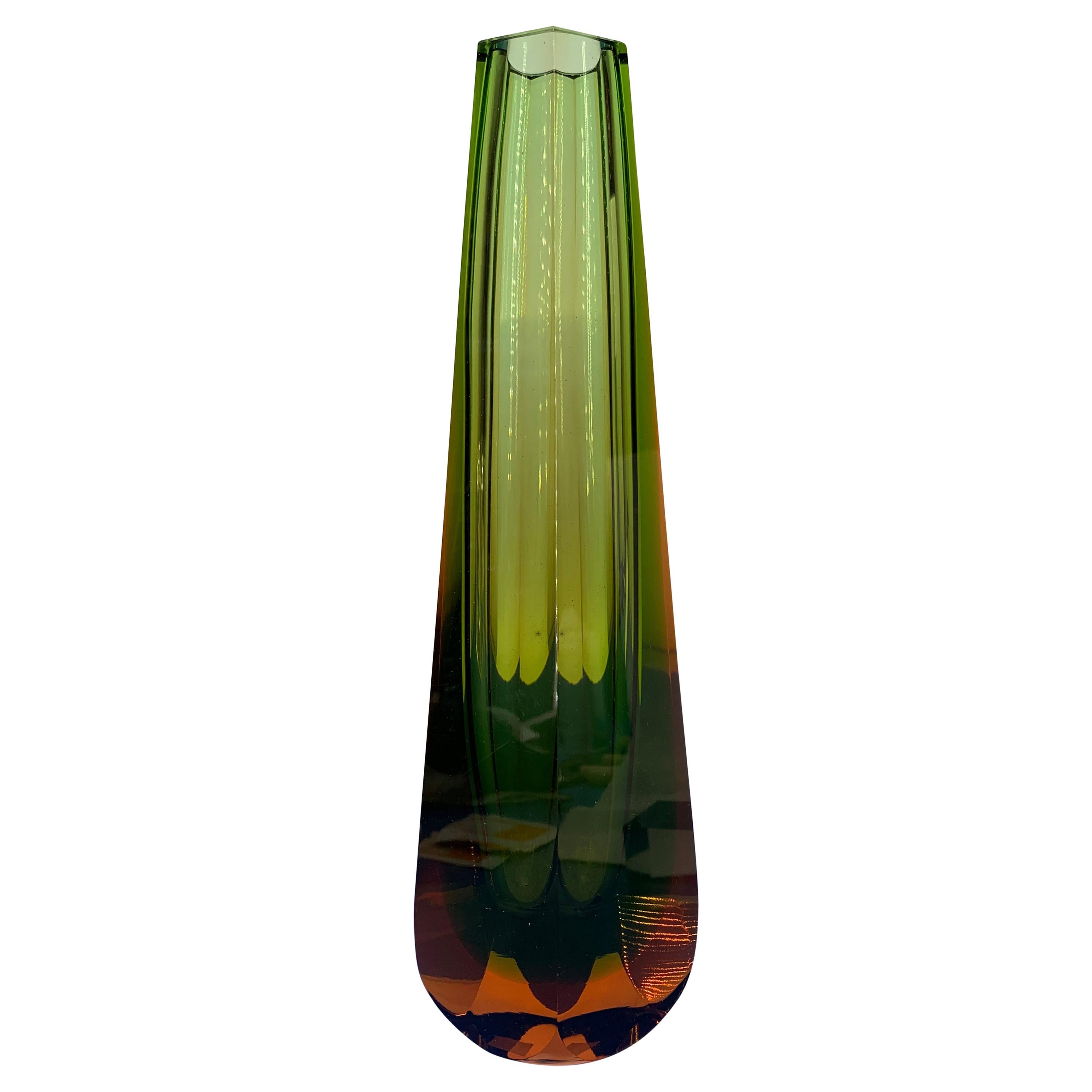 Tall Italian Vintage Green Orange Sommerso Murano Vase