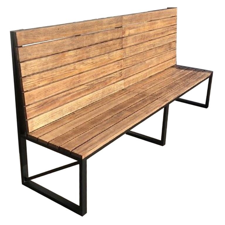 New Park or Garden Bench in Iron Structure with Wood Slabs, Indoor and Outdoor